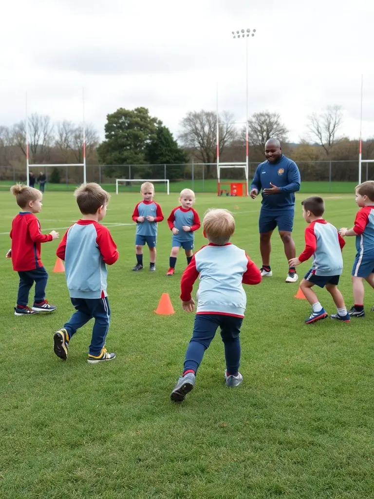 A group of young children participating in a non-contact rugby training session, focusing on agility and coordination drills, with a coach demonstrating proper techniques.