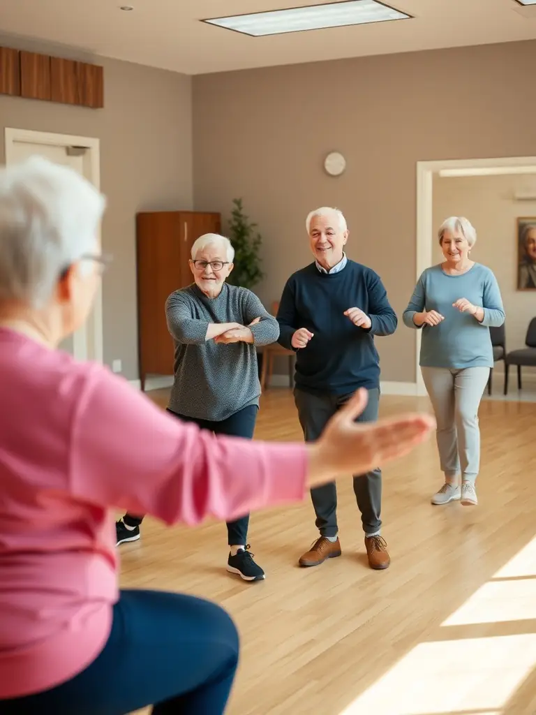 A group of senior citizens participating in a gentle exercise class focused on mobility and balance, led by a qualified instructor, in a community center setting.