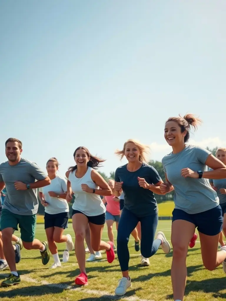 Adults of varying fitness levels participating in a modified rugby game, emphasizing inclusivity and enjoyment, with adaptations to accommodate different abilities.